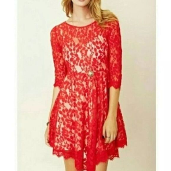 Free People Red Lace Mesh Dress Built In Under Slip With Adjustable Straps Sz 2 - Picture 5 of 10